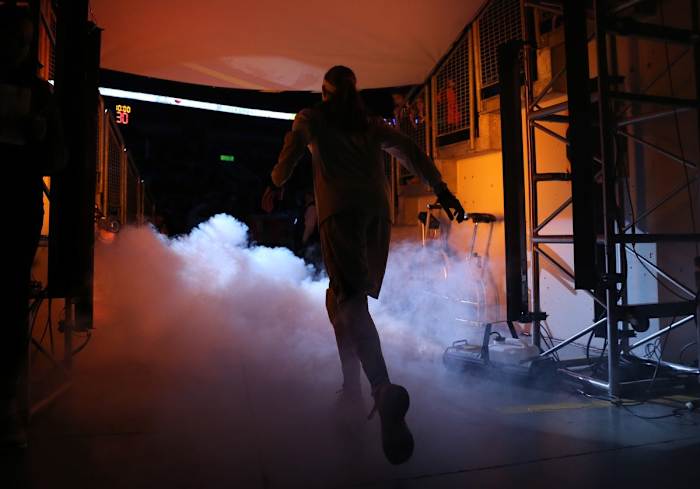 Mar 6, 2016; Seattle , WA, USA; Oregon State Beavers guard Sydney Wiese (24) runs onto the court through smoke before the championship of Pac-12 Conference womens tournament against the UCLA Bruins at KeyArena. Oregon State defeated UCLA 69-57. Mandatory Credit: Kirby Lee-USA TODAY Sports