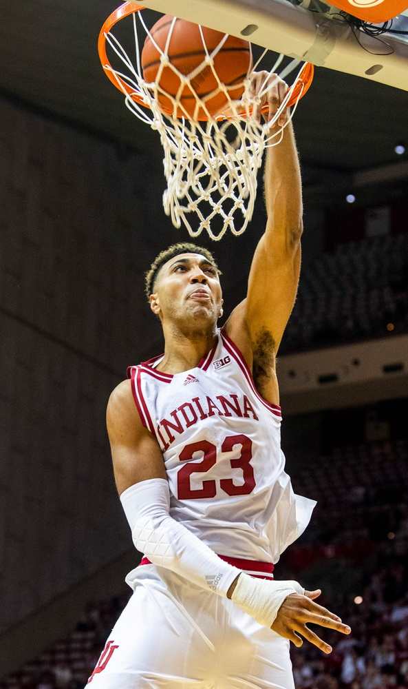 Indiana's Trayce Jackson-Davis (23) dunks during the Indiana versus St. Francis men's basketball game at Simon Skjodt Assembly Hall on Thursday, Nov. 3, 2022.