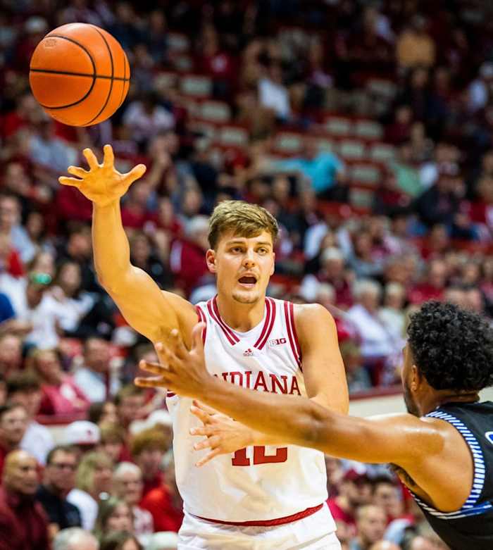 Indiana's Miller Kopp (12) passes during the Indiana versus St. Francis men's basketball game at Simon Skjodt Assembly Hall on Thursday, Nov. 3, 2022.