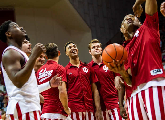 Indiana Trayce Jackson-Davis (23) smiles during warm-ups during the Indiana versus St. Francis men's basketball game at Simon Skjodt Assembly Hall on Thursday, Nov. 3, 2022.