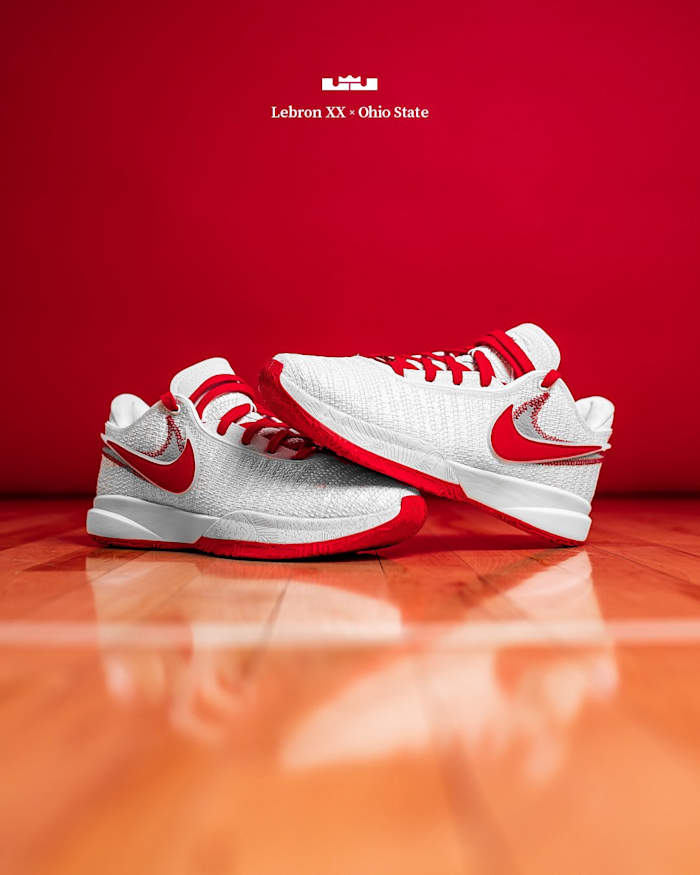 White and red Nike LeBron shoes.