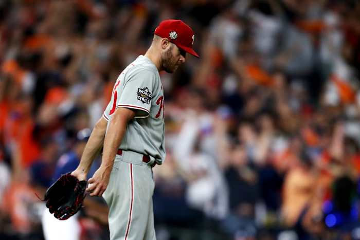 Phillies righthander Zack Wheeler reacts after giving up a two-run home run to Astros third baseman Alex Bregman in Game 2 of the 2022 World Series.