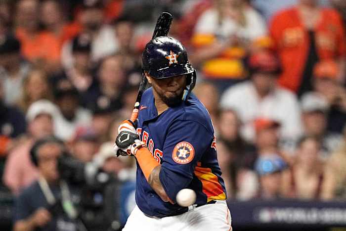 Astros catcher Martín Maldonado gets hit by a pitch to leadoff the sixth inning of World Series Game 6 vs. the Phillies.