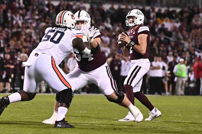 Nov 5, 2022; Starkville, Mississippi, USA; Mississippi State Bulldogs quarterback Will Rogers (2) looks to pass against the Auburn Tigers during the first quarter at Davis Wade Stadium at Scott Field. Mandatory Credit: Matt Bush-USA TODAY Sports