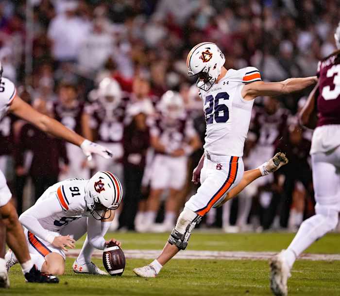 Nov 5, 2022; Starkville, MS, USA; Anders Carlson (26) kicks the field goal during the game between Auburn and Mississippi State at Davis Wade Stadium . Zach Bland/ AU Athletics