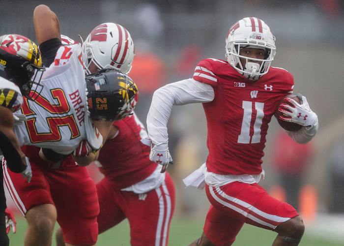Wisconsin wide receiver Skyler Bell running with the football against Maryland.