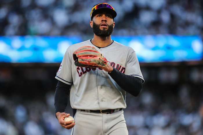 Oct 18, 2022; Bronx, New York, USA; Cleveland Guardians shortstop Amed Rosario (1) during game five of the NLDS for the 2022 MLB Playoffs at Yankee Stadium. Mandatory Credit: Wendell Cruz-USA TODAY Sports
