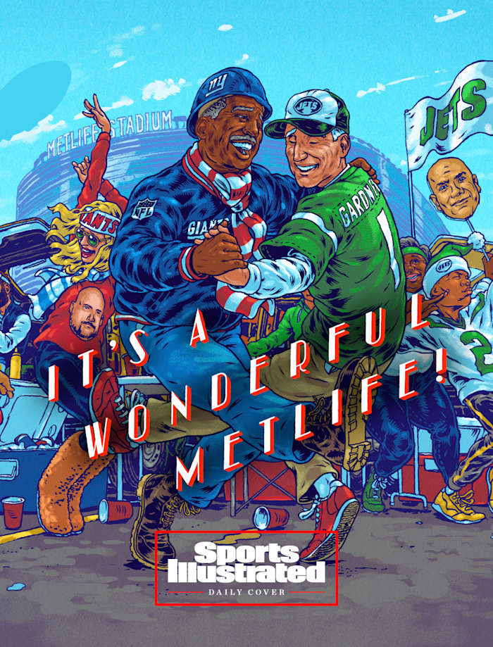 Illustration of Giants and Jets fans celebrating together outside MetLife Stadium