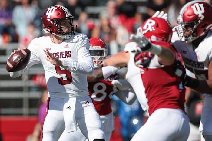 Indiana Hoosiers quarterback Connor Bazelak (9) drops back to pass against the Rutgers Scarlet Knights during the first half at SHI Stadium.
