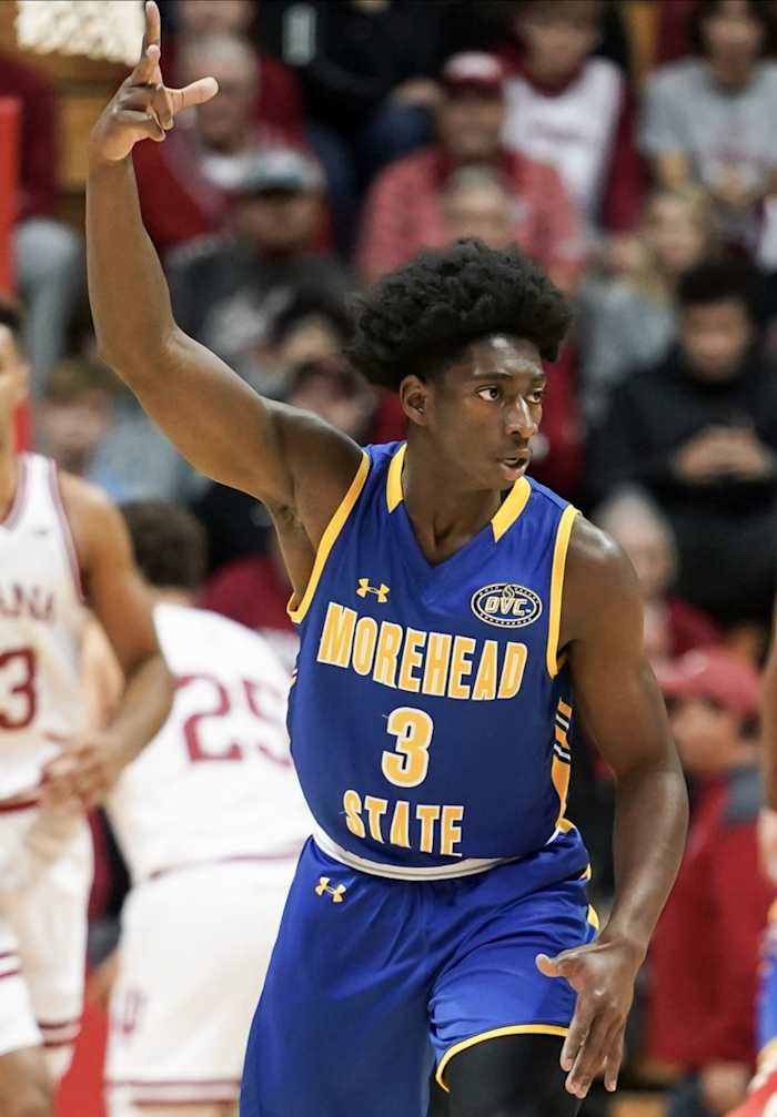 Nov 7, 2022; Bloomington, Indiana, USA; Morehead State Eagles guard Drew Thelwell (3) celebrates after making a three-pointer during the first half at Simon Skjodt Assembly Hall