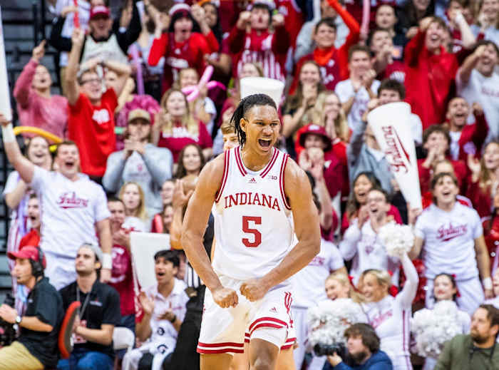 Indiana's Malik Reneau (5) celebrates during the Indiana versus Morehead State men's baskertball game at Simon Skjodt Assembly Hall on Monday, Nov. 7, 2022.