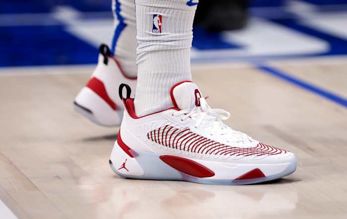 White and crimson Jordan Luka shoes.
