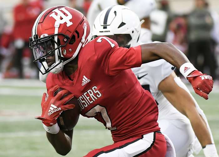 Indiana Hoosiers wide receiver D.J. Matthews Jr. (7) runs after a catch during the second half at Memorial Stadium.