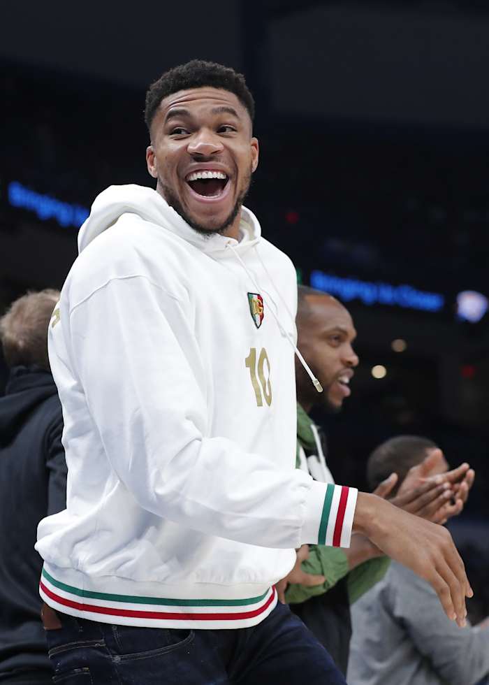 Milwaukee Bucks forward Giannis Antetokounmpo (34) celebrates