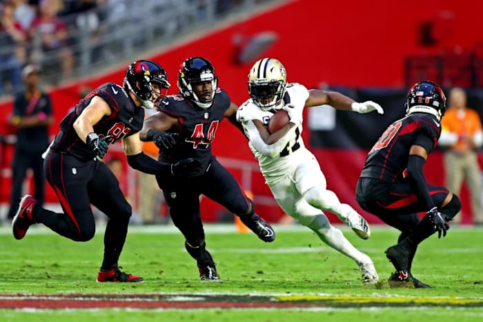 New Orleans Saints running back Alvin Kamara (41) runs the ball against the Arizona Cardinals. Mandatory Credit: Mark J. Rebilas-USA TODAY Sports