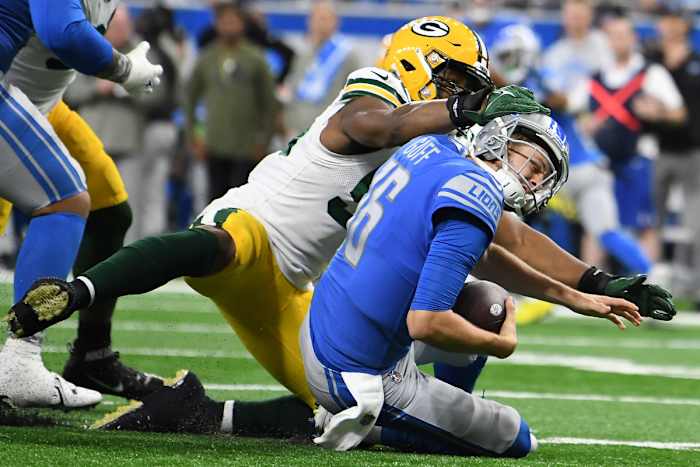 Kingsley Enagbare would have had a third sack in five games if not for hitting Jared Goff in the head. (Photo by Lon Horwedel/USA Today Sports)