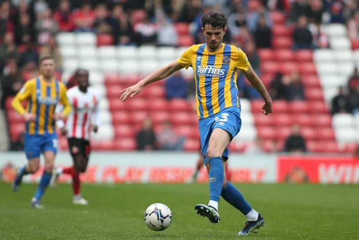 Tom Flanagan in action for Shrewsbury. 