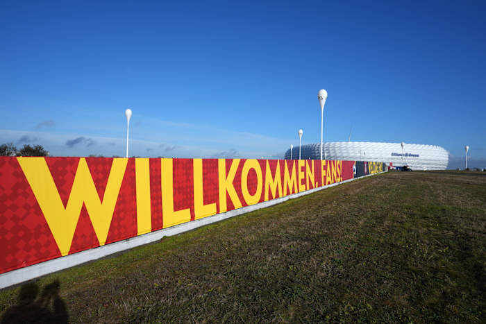 Allianz Arena in Munich, Germany prepares for an NFL game in 2022.