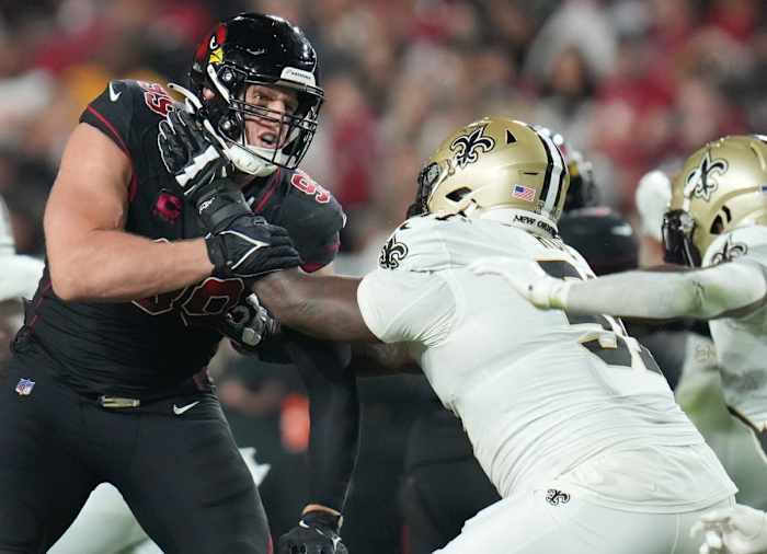 Arizona Cardinals defensive end J.J. Watt (99) tries to get past New Orleans Saints offensive lineman Cesar Ruiz (51). Mandatory Credit: Joe Rondone-Arizona Republic