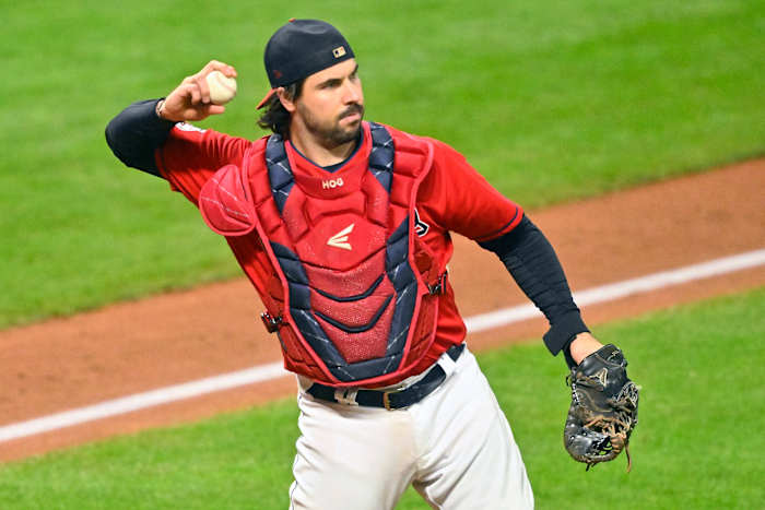 Sep 29, 2022; Cleveland, Ohio, USA; Cleveland Guardians catcher Austin Hedges (17) throws to first base in the sixth inning against the Tampa Bay Rays at Progressive Field. Mandatory Credit: David Richard-USA TODAY Sports