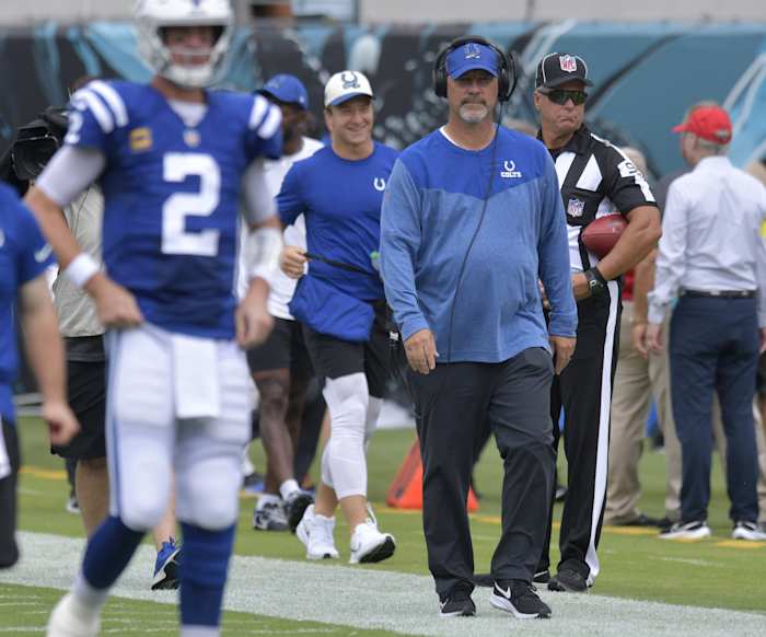 Colts assistant coach and former Jaguars head coach Gus Bradley enters the field ahead of Sunday's Jaguars vs Colts matchup. The Jaguars went into the first half with a 17 to 0 lead over the Colts. The Jacksonville Jaguars hosted the Indianapolis Colts at TIAA Bank field in Jacksonville, FL Sunday, September 18, 2022.