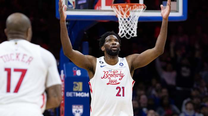 Nov 13, 2022; Philadelphia, Pennsylvania, USA; Philadelphia 76ers center Joel Embiid (21) reacts after scoring against the Utah Jazz during the second quarter at Wells Fargo Center. Mandatory Credit: Bill Streicher-USA TODAY Sports