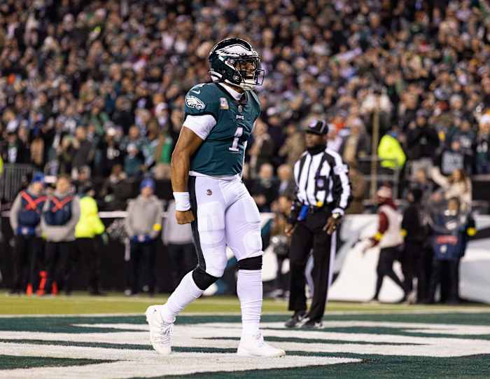 Jalen Hurts celebrates his 7th rushing TD of season, coming in Week 10 vs. Commanders