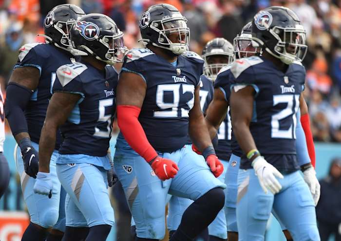 Tennessee Titans defensive tackle Teair Tart (93) celebrates after a defensive stop during the first half against the Denver Broncos at Nissan Stadium.