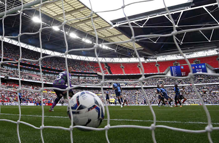 The ball nestles in the back of the net after Stewart's strike.
