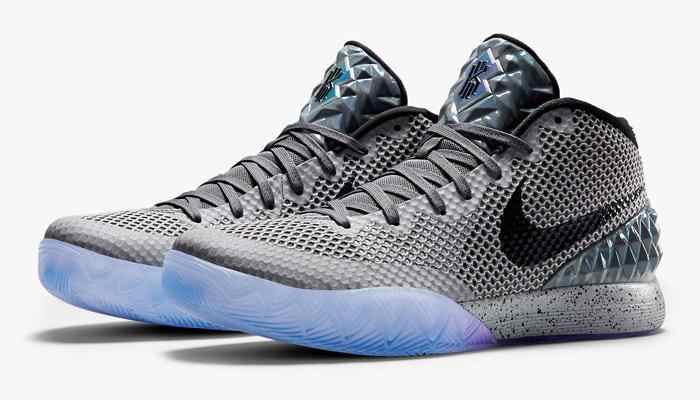 Grey and black Nike Kyrie shoes.