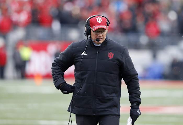 Indiana Hoosiers head coach Tom Allen coaches during the third quarter against the Ohio State Buckeyes at Ohio Stadium.