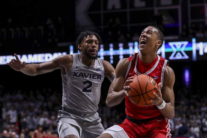 Fairfield forward Allan Jeanne-Rose (10) drives to the basket against Xavier forward Jerome Hunter (2) on Tuesday. (Katie Stratman-USA TODAY Sports)