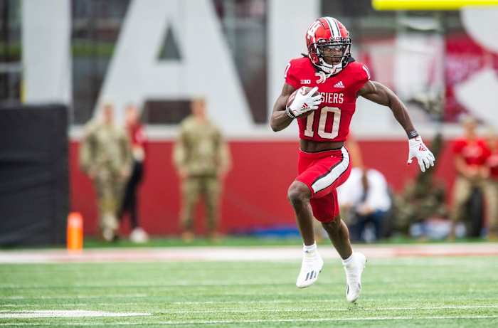 Indiana's Andison Coby (10) runs after the catch during the first half of the Indiana versus Penn State football game at Memorial Stadium on Satruday, Nov. 5, 2022.