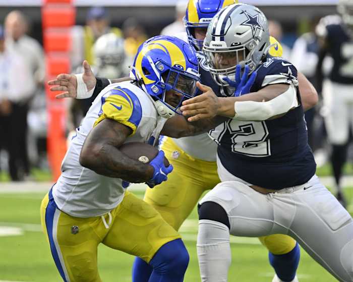 Los Angeles Rams running back Cam Akers (3) is tackled by Dallas Cowboys defensive tackle Trysten Hill (72). Mandatory Credit: Robert Hanashiro-USA TODAY