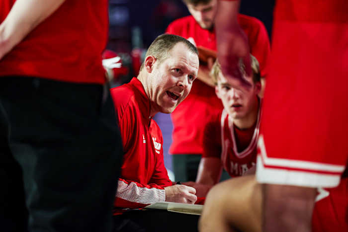 Miami of Ohio basketball coach Travis Steele talks to his team during a timeout against Georgia at Stegeman Coliseum in Athens, Ga. on Nov. 14, 2022.