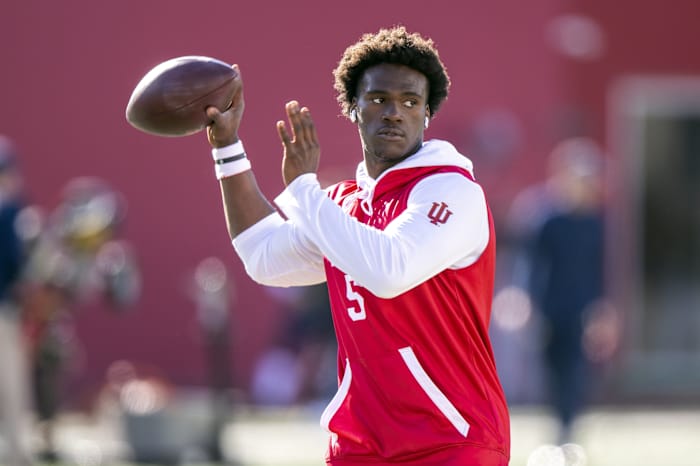 Indiana Hoosiers quarterback Dexter Williams II (5) warms up before the game against the against the Michigan Wolverines at Memorial Stadium.