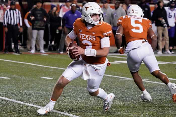 Nov 12, 2022; Austin, Texas, USA; Texas Longhorns quarterback Quinn Ewers (3) looks to throw a pass during the second half against the Texas Christian Horned Frogs at Darrell K Royal-Texas Memorial Stadium. Mandatory Credit: Scott Wachter-USA TODAY Sports