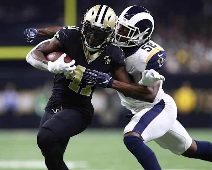 Jan 20, 2019; New Orleans Saints running back Alvin Kamara (41) runs after a reception against the Los Angeles Rams. Mandatory Credit: Matthew Emmons-USA TODAY Sports