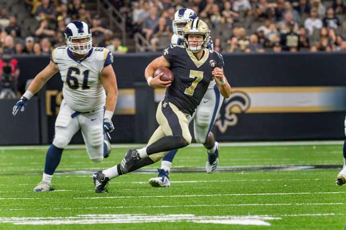 Saints quarterback Taysom Hill runs the ball against the Los Angeles Rams on Thursday, Aug. 30, 2018. © SCOTT CLAUSE/USA TODAY Network