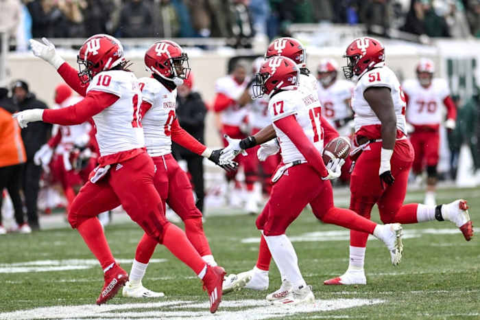 Indiana's Jonathan Haynes (17) celebrates with teammates after intercepting a Michigan Sate pass during the third quarter on Saturday, Nov. 19, 2022, at Spartan Stadium in East Lansing.