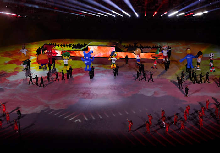 Former World Cup mascots pictured performing at the Qatar 2022 opening ceremony