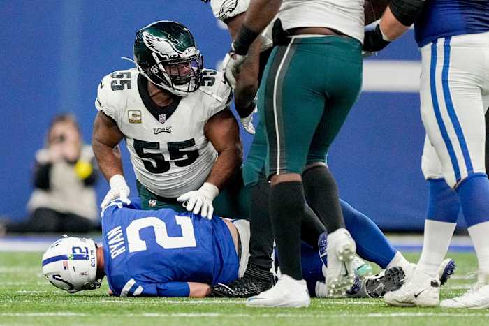 Indianapolis Colts quarterback Matt Ryan (2) is sacked by Philadelphia Eagles defensive end Brandon Graham (55) on Sunday, Nov. 20, 2022, during a game against the Philadelphia Eagles at Lucas Oil Stadium in Indianapolis.