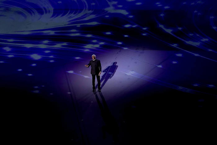 Morgan Freeman pictured speaking at the opening ceremony of the 2022 FIFA World Cup