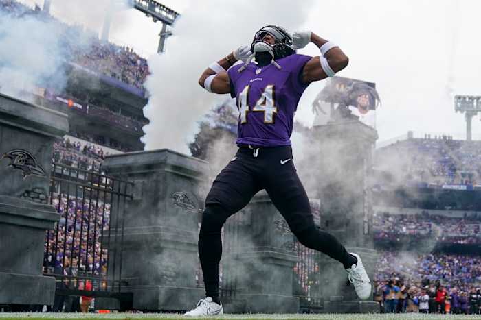 Oct 23, 2022; Baltimore, Maryland, USA; Baltimore Ravens cornerback Marlon Humphrey (44) is introduced before a game against the Cleveland Browns at M&T Bank Stadium. Mandatory Credit: Jessica Rapfogel-USA TODAY Sports