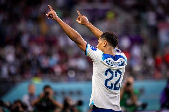 Jude Bellingham pictured celebrating after scoring in England's 6-2 win over Iran at the 2022 FIFA World Cup
