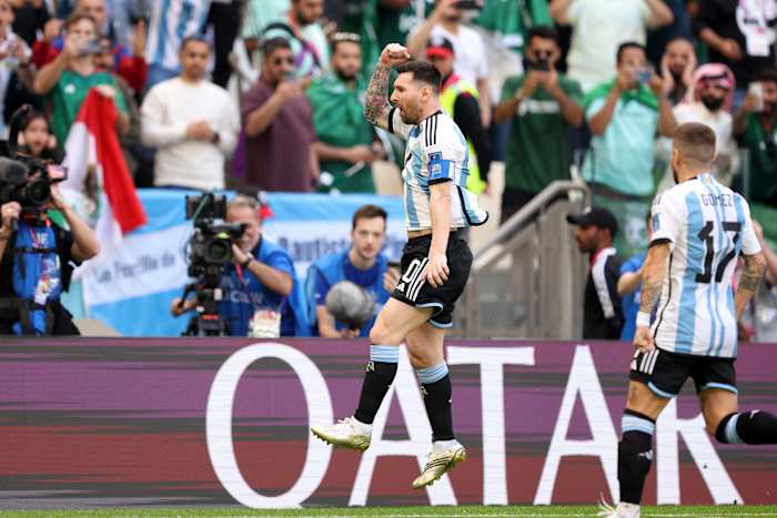 Lionel Messi pictured celebrating after scoring his first goal of the 2022 FIFA World Cup in Qatar