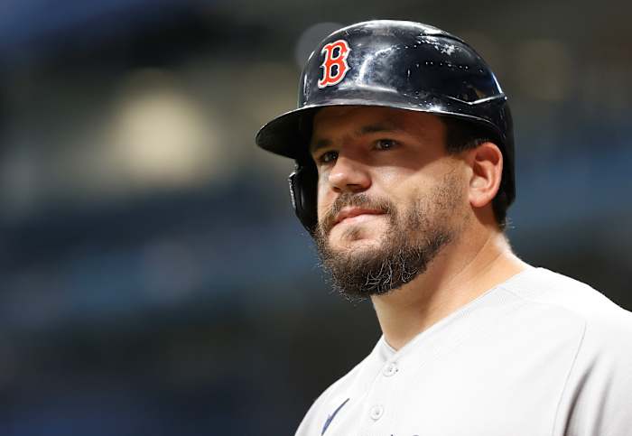 Schwarber looks on from the on-deck circle during his brief time with the Boston Red Sox.