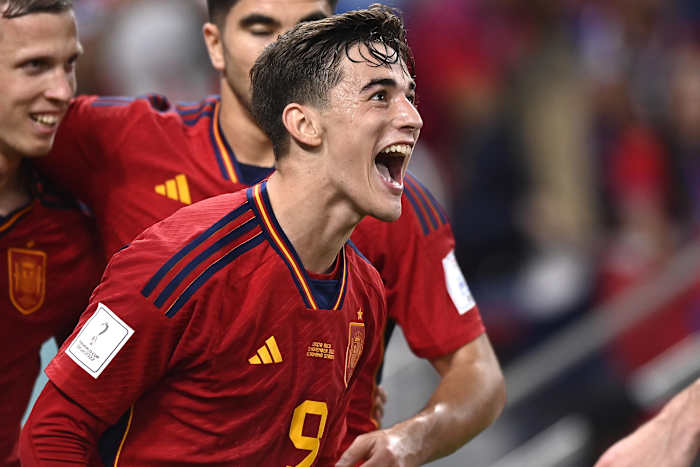 Gavi pictured after scoring for Spain on his World Cup debut aged just 18 years and 110 days