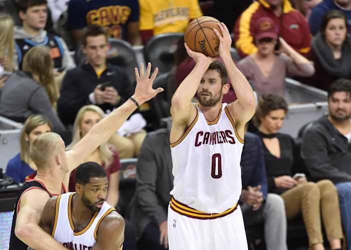 Nov 23, 2016; Cleveland, OH, USA; Cleveland Cavaliers forward Kevin Love (0) makes a three point basket in the first quarter against the Portland Trail Blazers at Quicken Loans Arena. Mandatory Credit: David Richard-USA TODAY Sports