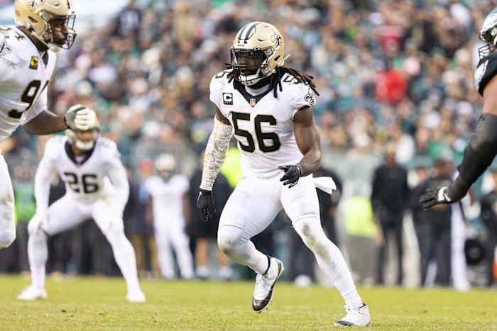 Nov 21, 2021; New Orleans Saints outside linebacker Demario Davis (56) in action against the Philadelphia Eagles. Mandatory Credit: Bill Streicher-USA TODAY Sports